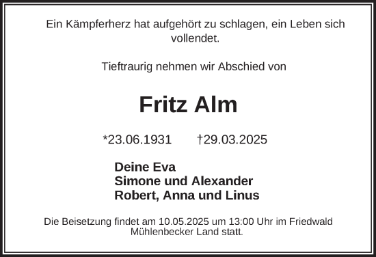 Traueranzeige von Fritz Alm von Berliner Zeitung