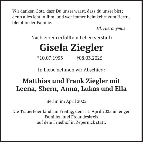 Traueranzeige von Gisela Ziegler von Berliner Zeitung