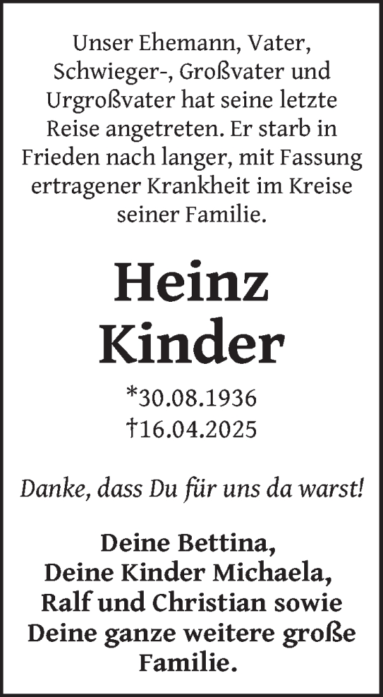 Traueranzeige von Heinz Kinder von Berliner Zeitung