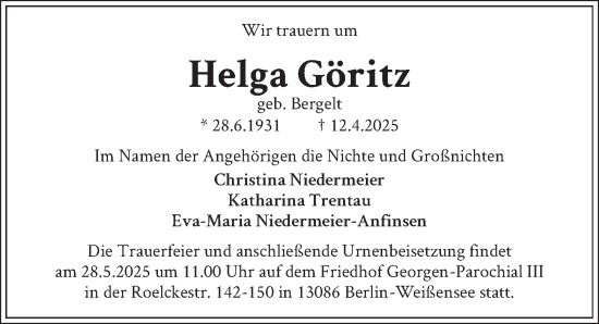 Traueranzeige von Helga Göritz von Berliner Zeitung