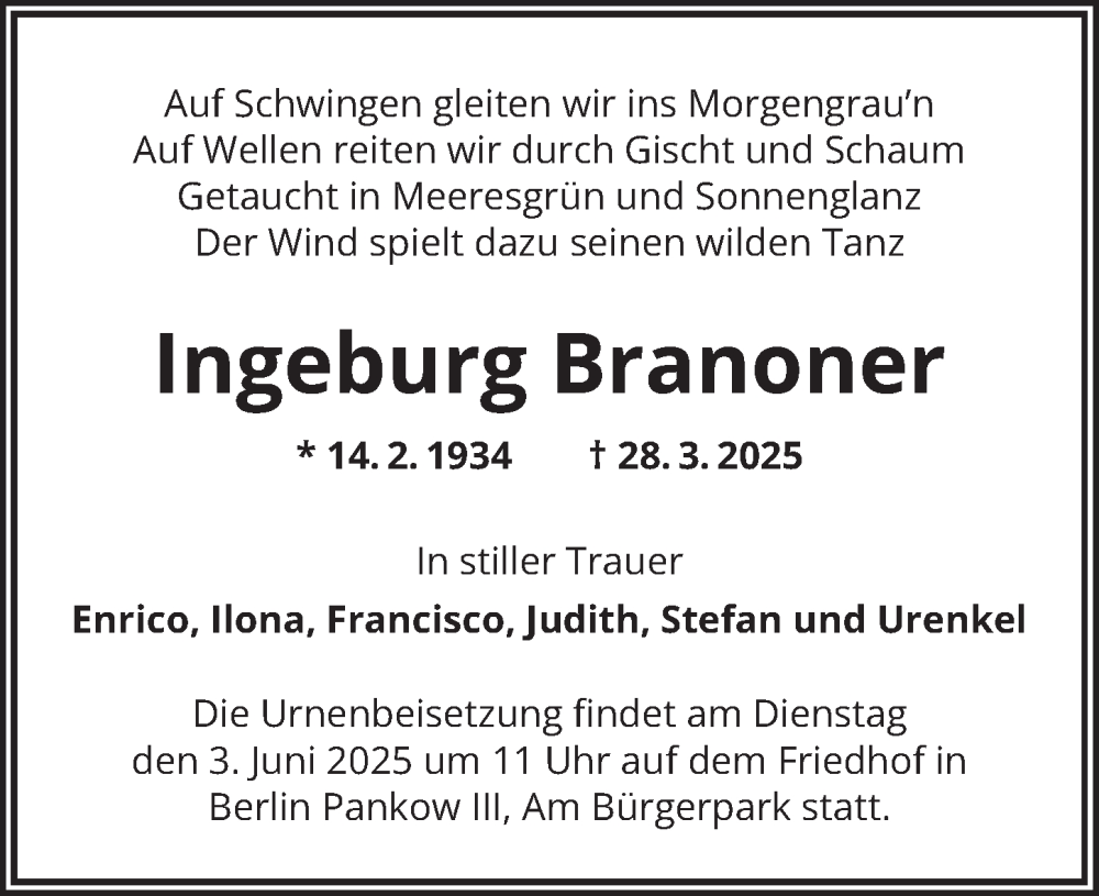  Traueranzeige für Ingeburg Branoner vom 10.05.2025 aus Berliner Zeitung