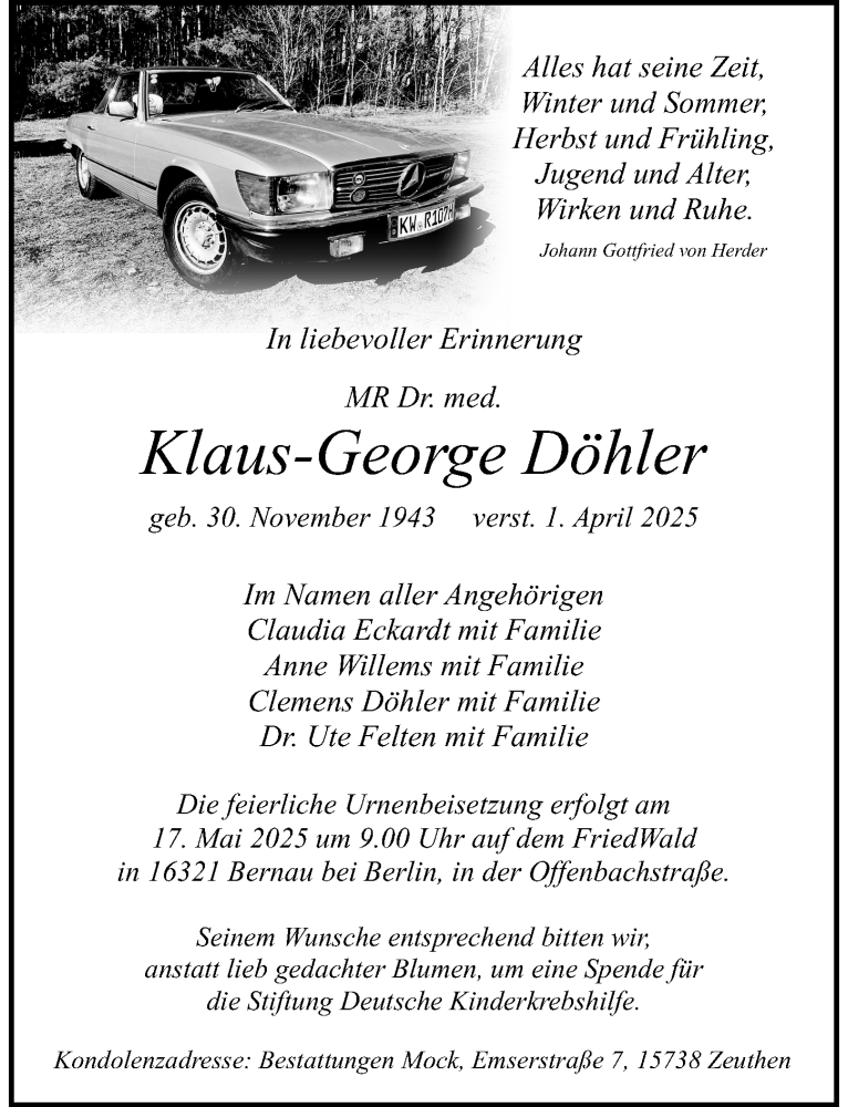  Traueranzeige für Klaus-George Döhler vom 12.04.2025 aus Berliner Zeitung