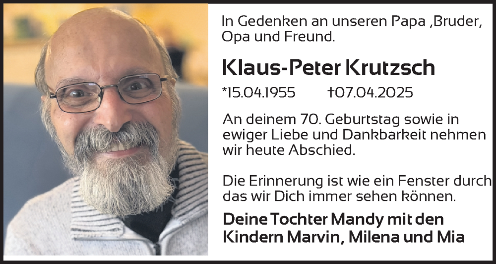  Traueranzeige für Klaus-Peter Krutzsch vom 15.04.2025 aus Berliner Zeitung