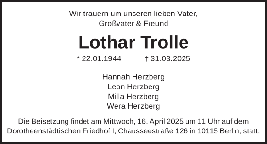 Traueranzeige von Lothar Trolle von Berliner Zeitung