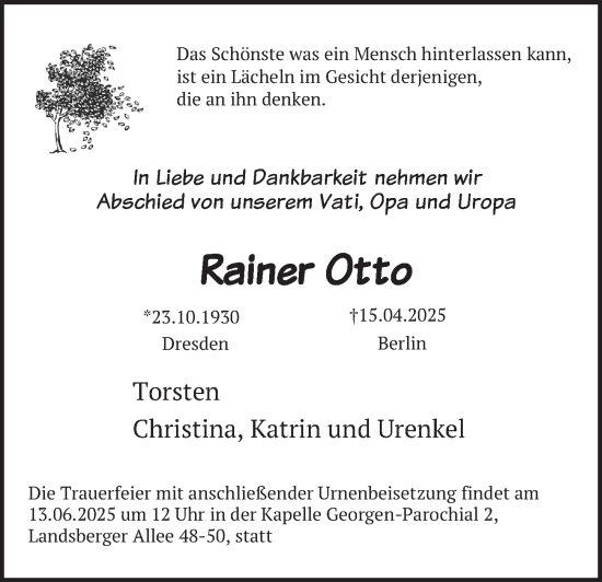 Traueranzeige von Rainer Otto von Berliner Zeitung