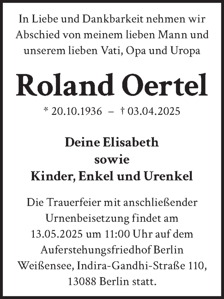  Traueranzeige für Roland Oertel vom 03.05.2025 aus Berliner Zeitung