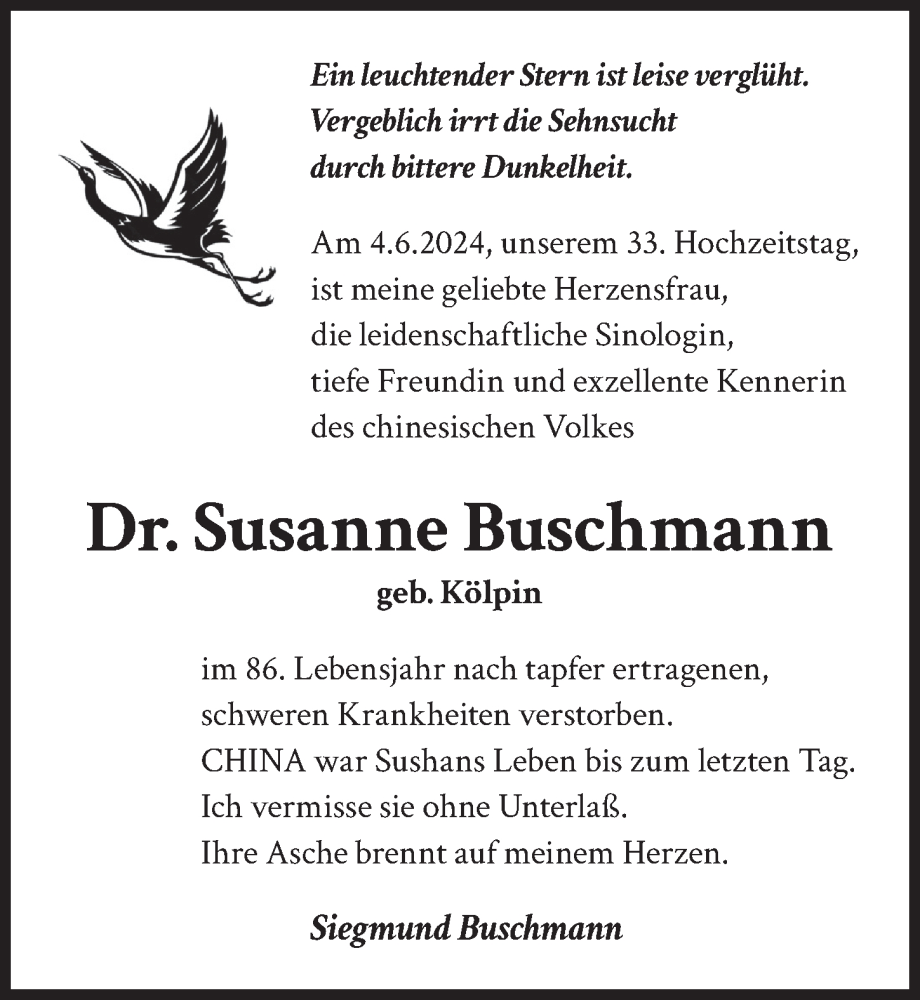  Traueranzeige für Susanne Buschmann vom 07.06.2025 aus Berliner Zeitung