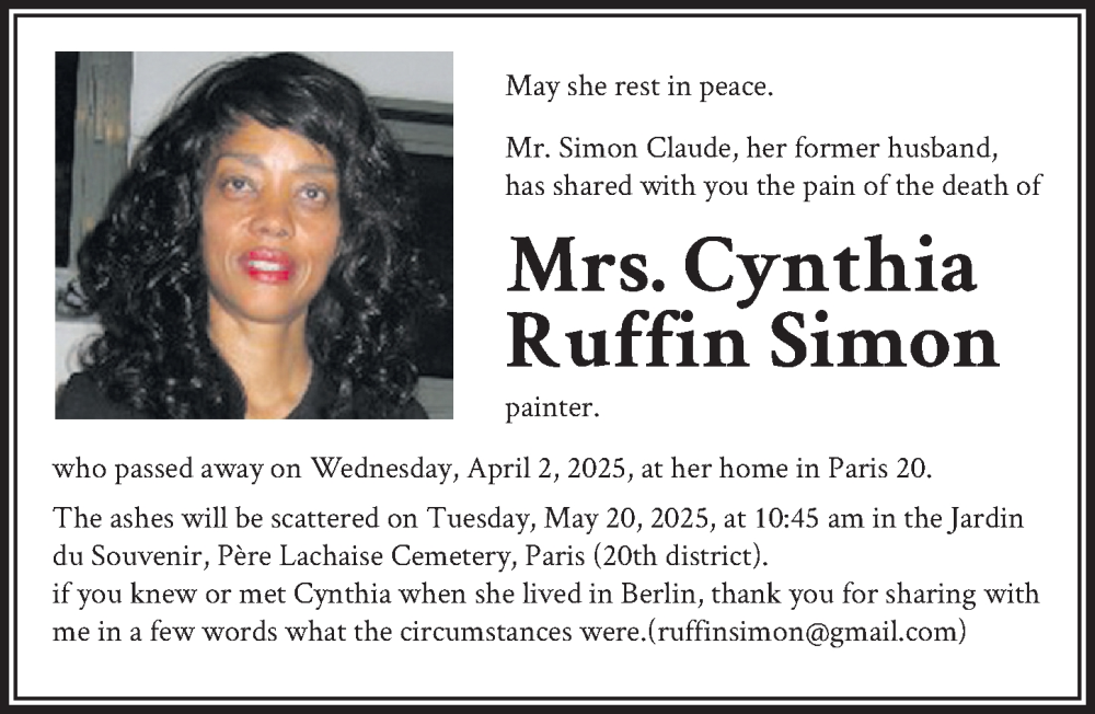  Traueranzeige für Cynthia Ruffin Simon vom 24.05.2025 aus Berliner Zeitung