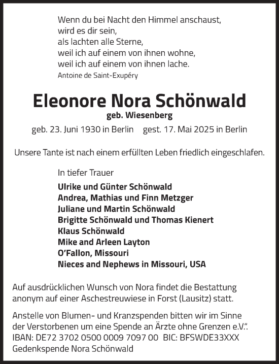 Traueranzeige von Eleonore Nora Schönwald von Berliner Zeitung