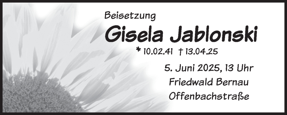  Traueranzeige für Gisela Jablonski vom 27.05.2025 aus Berliner Kurier