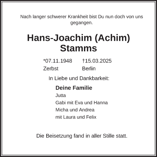 Traueranzeige von Hans-Joachim Stamms von Berliner Zeitung