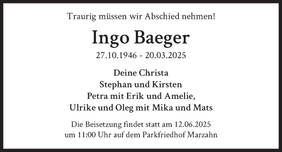 Traueranzeige von Ingo Baeger von Berliner Zeitung