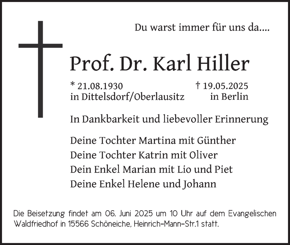  Traueranzeige für Karl Hiller vom 31.05.2025 aus Berliner Zeitung