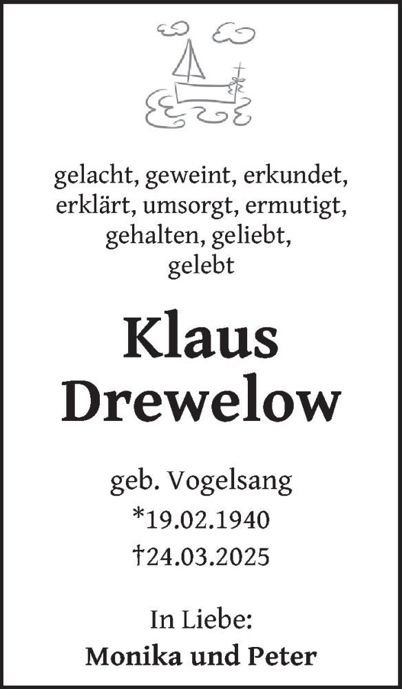  Traueranzeige für Klaus Drewelow vom 09.05.2025 aus Berliner Zeitung