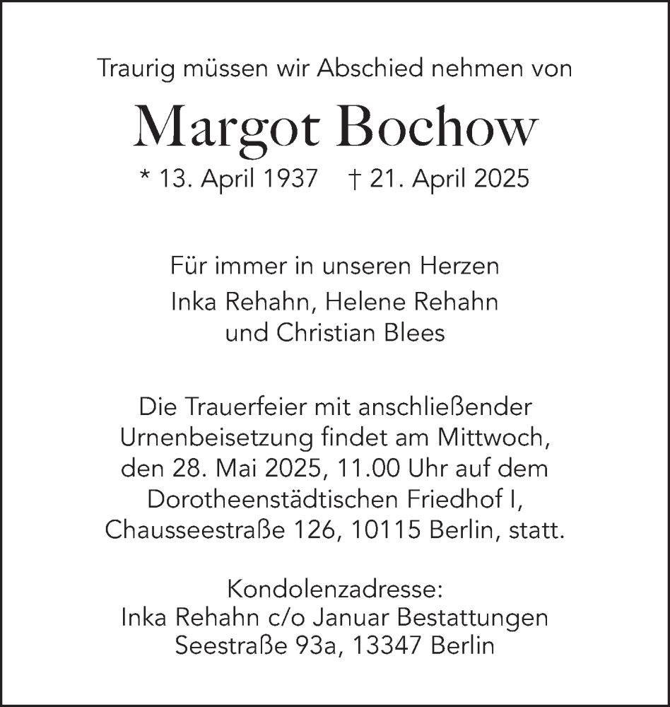  Traueranzeige für Margot Bochow vom 21.05.2025 aus Berliner Zeitung