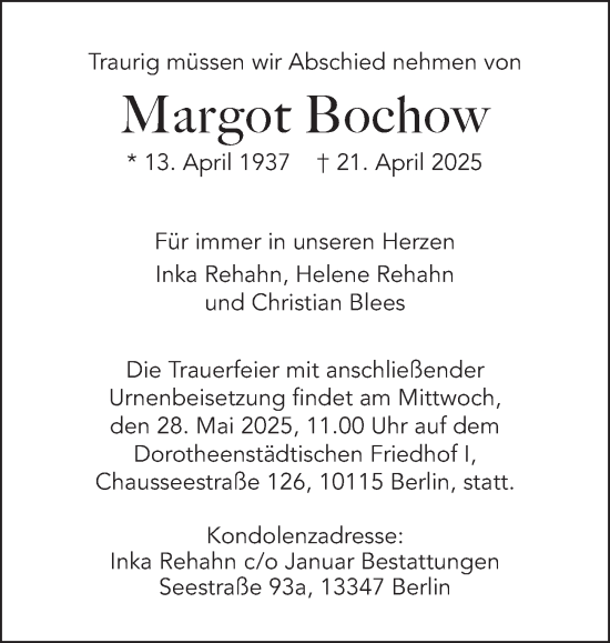 Traueranzeige von Margot Bochow von Berliner Zeitung