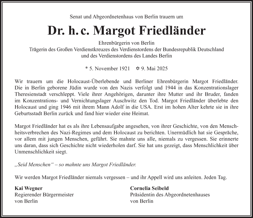  Traueranzeige für Margot Friedländer vom 17.05.2025 aus Berliner Zeitung