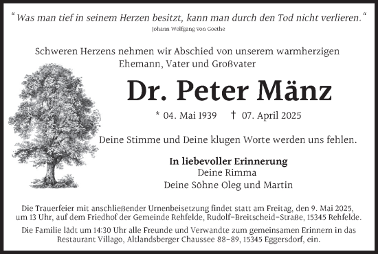 Traueranzeige von Peter Mänz von Berliner Zeitung
