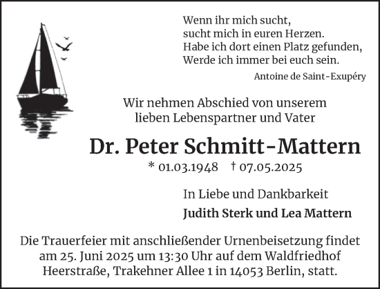 Traueranzeige von Peter Schmitt-Mattern von Berliner Zeitung