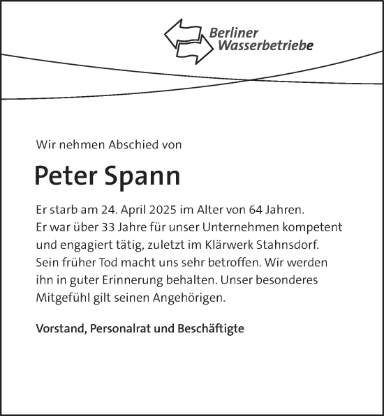 Traueranzeige von Peter Spann von Berliner Zeitung