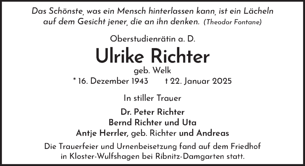  Traueranzeige für Ulrike Richter vom 12.05.2025 aus Berliner Zeitung