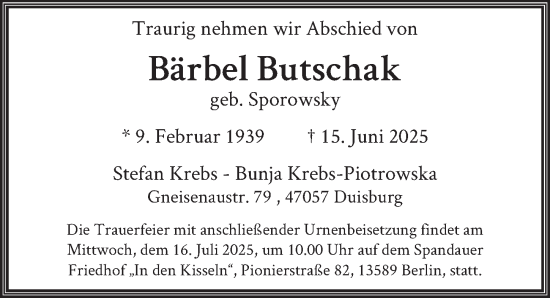 Traueranzeige von Bärbel Butschak von Berliner Zeitung