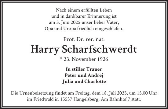 Traueranzeige von Harry Scharfschwerdt von Berliner Zeitung