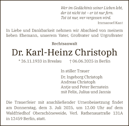 Traueranzeige von Karl-Heinz Christoph von Berliner Zeitung