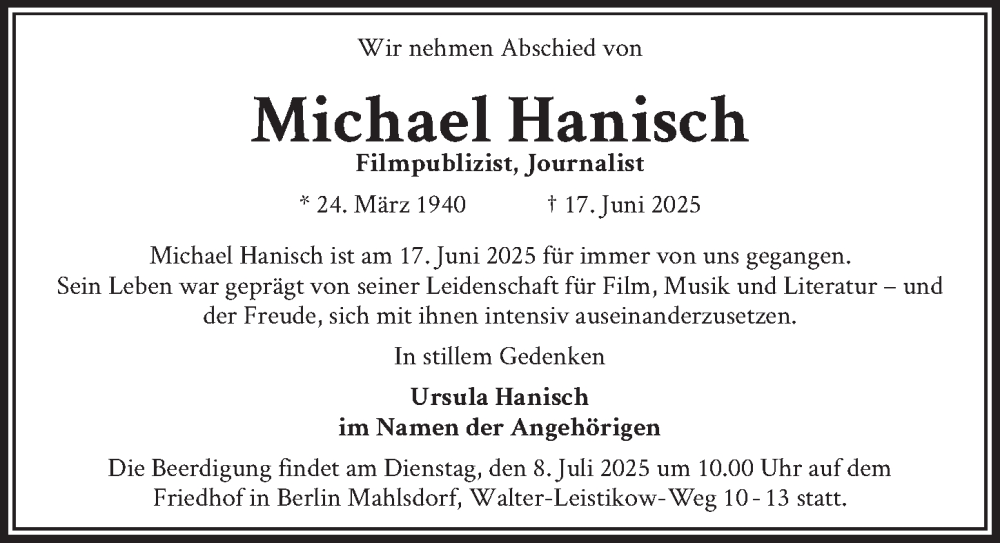  Traueranzeige für Michael Hanisch vom 25.06.2025 aus Berliner Zeitung