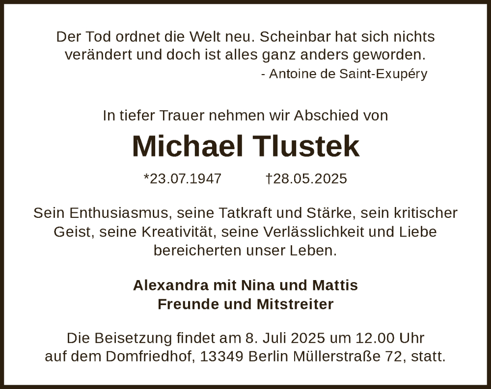  Traueranzeige für Michael Tlustek vom 21.06.2025 aus Berliner Zeitung