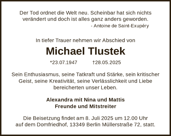 Traueranzeige von Michael Tlustek von Berliner Zeitung