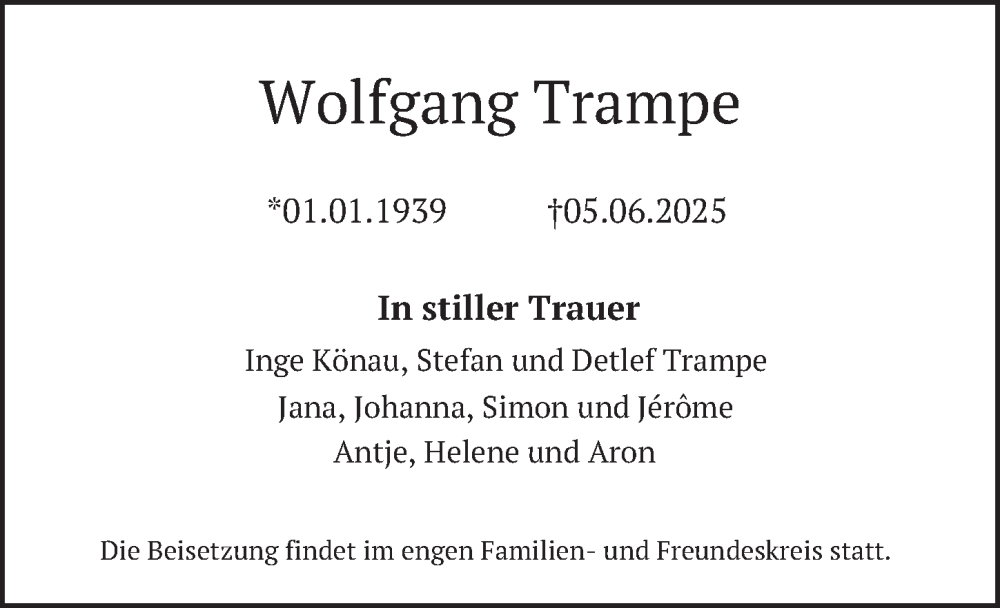  Traueranzeige für Wolfgang Trampe vom 21.06.2025 aus Berliner Zeitung