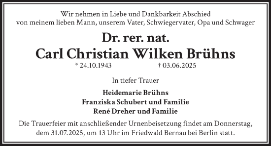 Traueranzeige von Carl Christian Wilken Brühns von Berliner Zeitung
