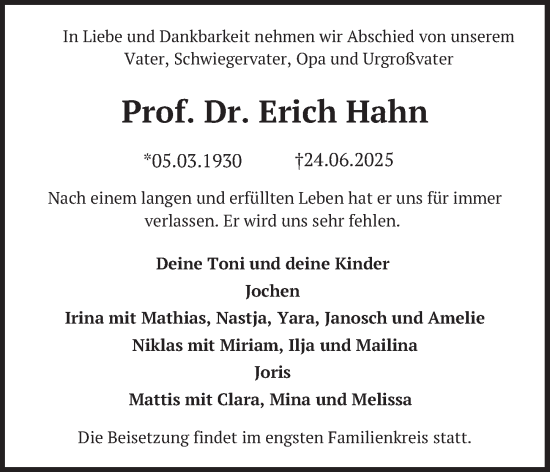 Traueranzeige von Erich Hahn von Berliner Zeitung