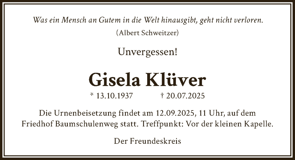  Traueranzeige für Gisela Klüver vom 02.08.2025 aus Berliner Zeitung