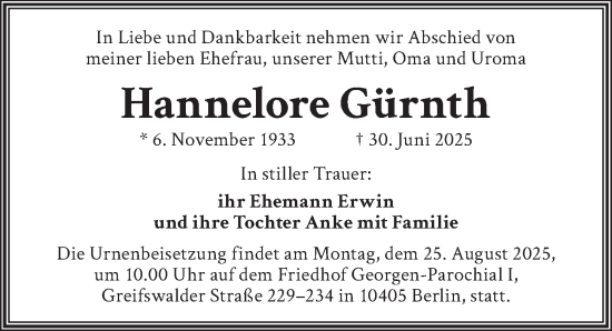 Traueranzeige von Hannelore Gürnth von Berliner Zeitung