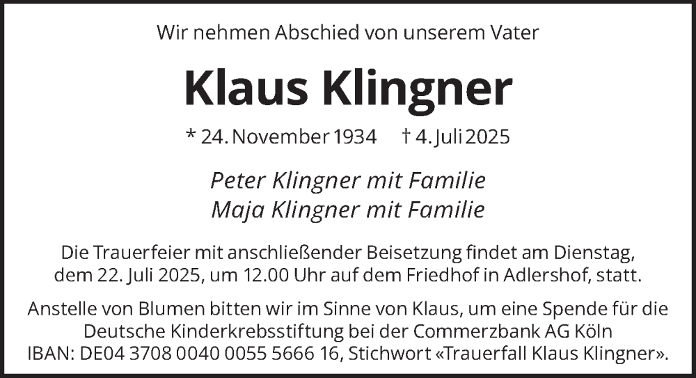  Traueranzeige für Klaus Klingner vom 12.07.2025 aus Berliner Zeitung