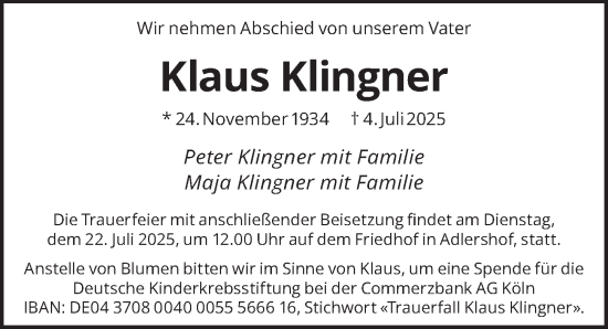 Traueranzeige von Klaus Klingner von Berliner Zeitung