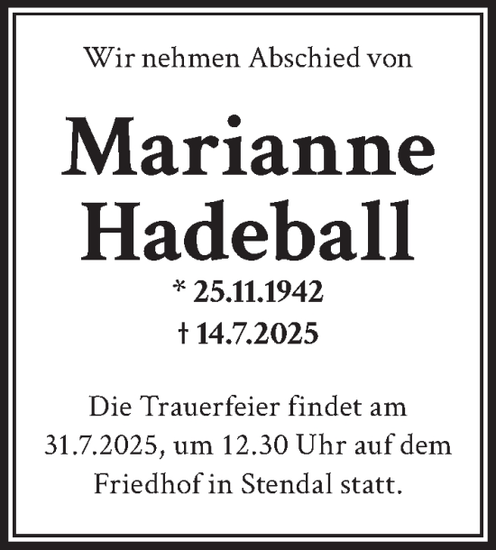 Traueranzeige von Marianne Hadeball von Berliner Zeitung