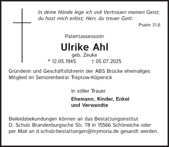 Traueranzeige von Ulrike Ahl von Berliner Zeitung