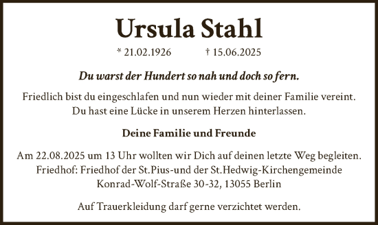 Traueranzeige von Ursula Stahl von Berliner Zeitung