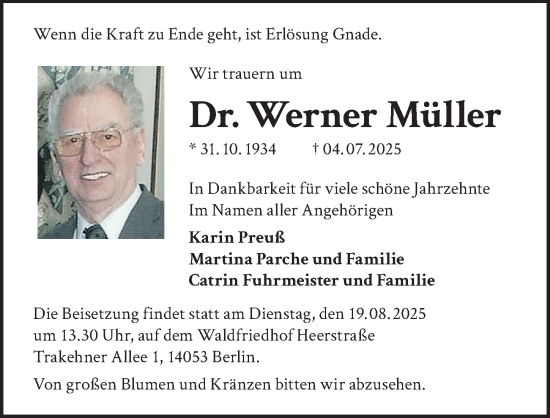 Traueranzeige von Werner Müller von Berliner Zeitung