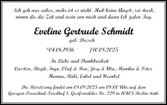 Traueranzeige von Eveline Gertrude Schmidt von Berliner Zeitung