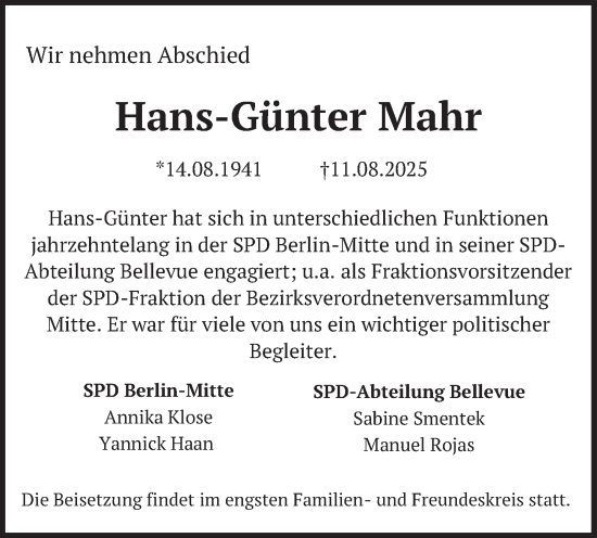 Traueranzeige von Hans-Günter Mahr von Berliner Zeitung