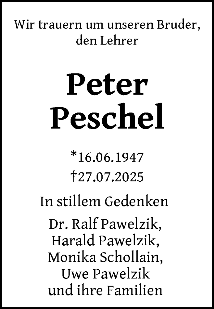  Traueranzeige für Peter Peschel vom 09.08.2025 aus Berliner Zeitung