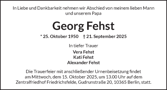 Traueranzeige von Georg Fehst von Berliner Zeitung