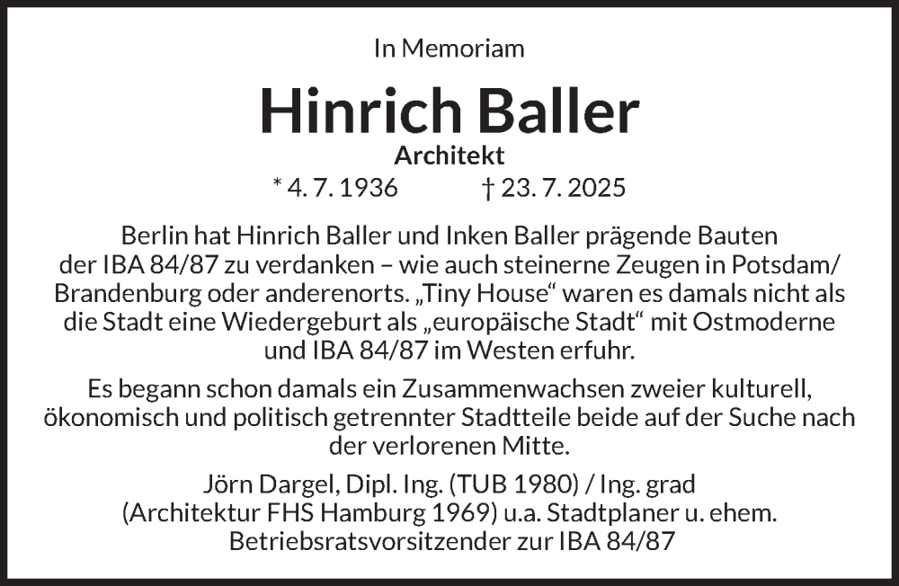  Traueranzeige für Hinrich Baller vom 20.09.2025 aus Berliner Zeitung