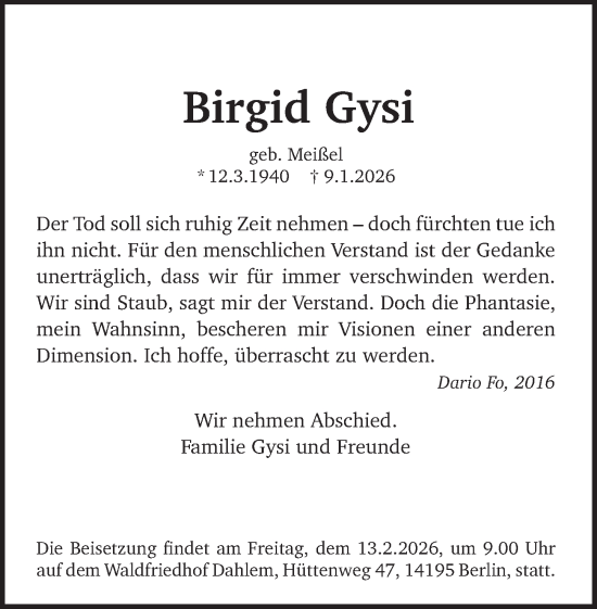 Traueranzeige von Birgid Gysi von Berliner Zeitung