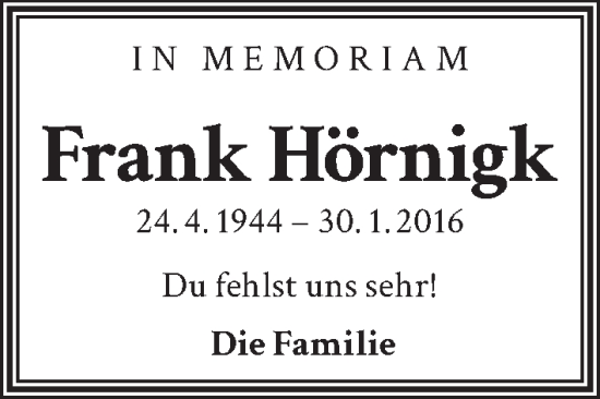 Traueranzeige von Frank Hörnigk von Berliner Zeitung