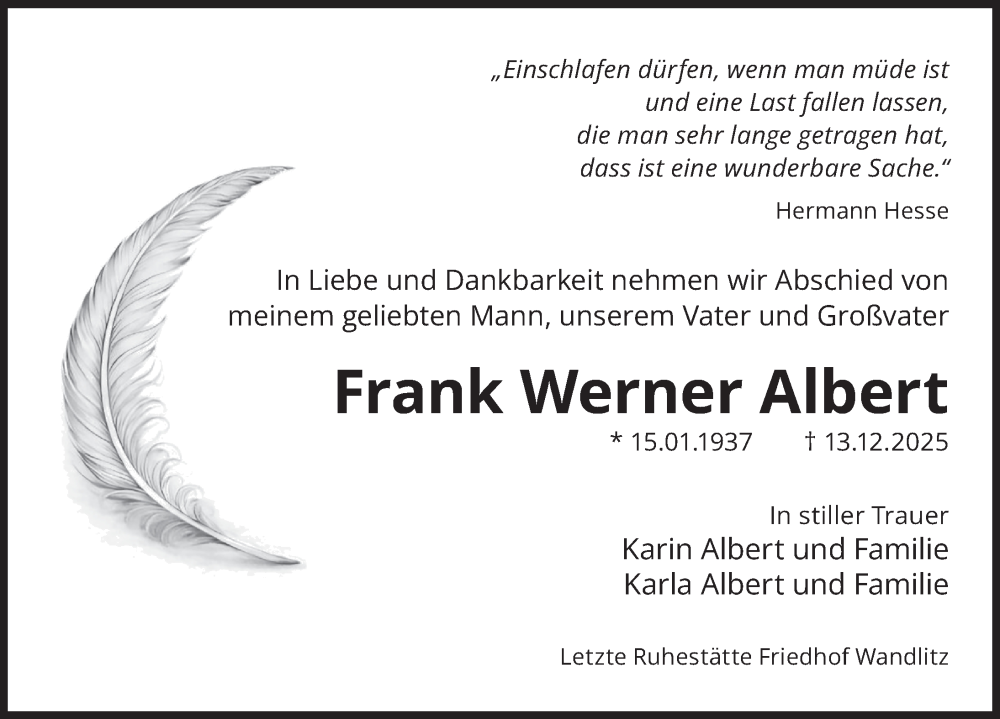  Traueranzeige für Frank Werner Albert vom 24.01.2026 aus Berliner Zeitung